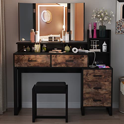 Vanity Set with Tri-fold Makeup Mirror, 45.59'' Large Vanity Desk with Charging Station, 3-Color Adjustable Touch Light, 5 Drawers, Storage Shelves&Cushioned Stool Makeup Vanity for Bedroom (Black)