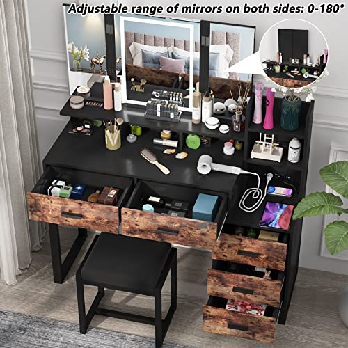 Vanity Set with Tri-fold Makeup Mirror, 45.59'' Large Vanity Desk with Charging Station, 3-Color Adjustable Touch Light, 5 Drawers, Storage Shelves&Cushioned Stool Makeup Vanity for Bedroom (Black)