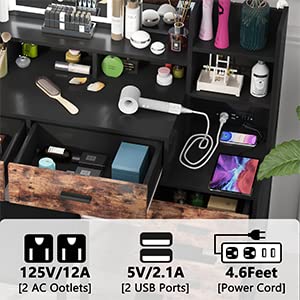 Vanity Set with Tri-fold Makeup Mirror, 45.59'' Large Vanity Desk with Charging Station, 3-Color Adjustable Touch Light, 5 Drawers, Storage Shelves&Cushioned Stool Makeup Vanity for Bedroom (Black)