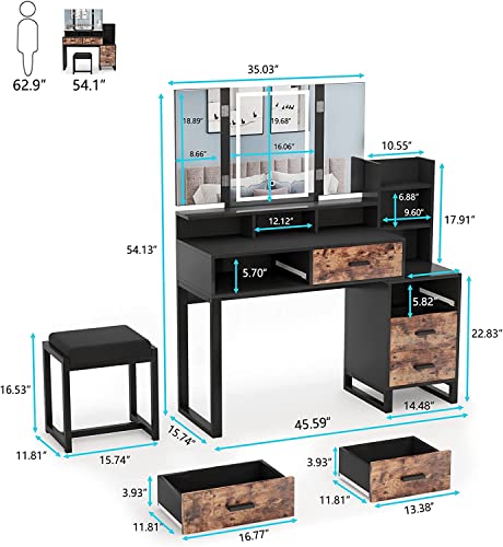Vanity Set with Tri-fold Makeup Mirror, 45.59'' Large Vanity Desk with Charging Station, 3-Color Adjustable Touch Light, 5 Drawers, Storage Shelves&Cushioned Stool Makeup Vanity for Bedroom (Black)