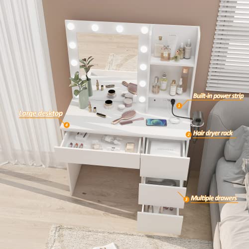 Makeup Vanity with Lights, 37inch Vanity Desk with Power Strip, 4 Drawers Makeup Table with Lighted Mirror, 3 Lighting Colors, White