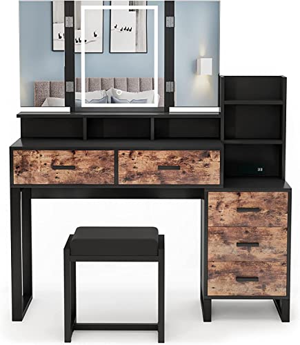 Vanity Set with Tri-fold Makeup Mirror, 45.59'' Large Vanity Desk with Charging Station, 3-Color Adjustable Touch Light, 5 Drawers, Storage Shelves&Cushioned Stool Makeup Vanity for Bedroom (Black)