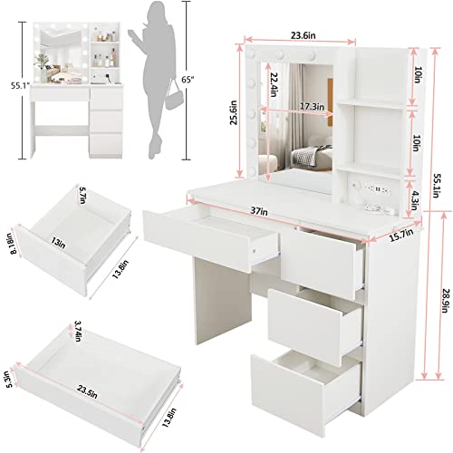 Makeup Vanity with Lights, 37inch Vanity Desk with Power Strip, 4 Drawers Makeup Table with Lighted Mirror, 3 Lighting Colors, White