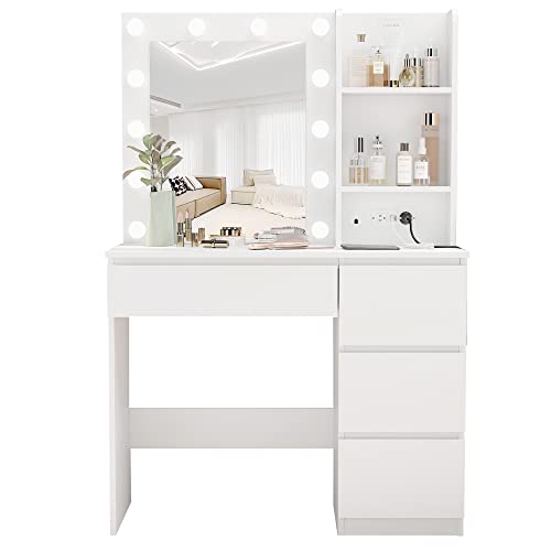 Makeup Vanity with Lights, 37inch Vanity Desk with Power Strip, 4 Drawers Makeup Table with Lighted Mirror, 3 Lighting Colors, White