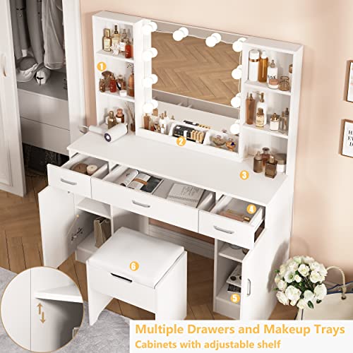 Makeup Vanity Desk with Lights, 3 Lighting Colors, White Vanity Set Makeup Table with 3 Drawers, 2 Cabinets and Multiple Shelves, Large Vanity 45.2in(L)