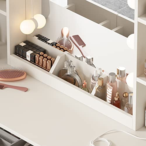 Makeup Vanity Desk with Lights, 3 Lighting Colors, White Vanity Set Makeup Table with 3 Drawers, 2 Cabinets and Multiple Shelves, Large Vanity 45.2in(L)