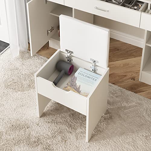 Makeup Vanity Desk with Lights, 3 Lighting Colors, White Vanity Set Makeup Table with 3 Drawers, 2 Cabinets and Multiple Shelves, Large Vanity 45.2in(L)