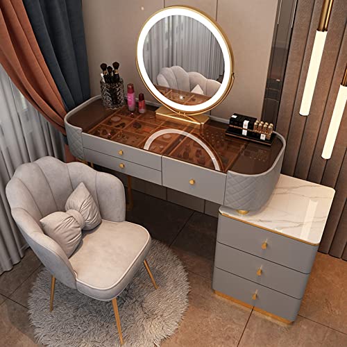 Vanity Desk with Lights Mirror and Drawers, Makeup Vanity with Storage Cabinet and Vanity Chair, Dresser Desk for Bedroom, Vanity Mirror with Lights and Table, Glass Tabletop ( Color : Gray , Size : 1