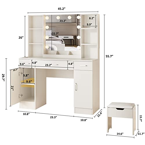 Makeup Vanity Desk with Lights, 3 Lighting Colors, White Vanity Set Makeup Table with 3 Drawers, 2 Cabinets and Multiple Shelves, Large Vanity 45.2in(L)