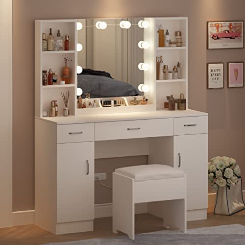 Makeup Vanity Desk with Lights, 3 Lighting Colors, White Vanity Set Makeup Table with 3 Drawers, 2 Cabinets and Multiple Shelves, Large Vanity 45.2in(L)