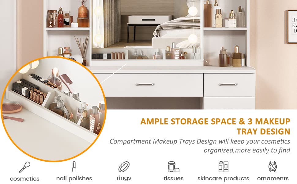 Makeup Vanity Desk with Lights, 3 Lighting Colors, White Vanity Set Makeup Table with 3 Drawers, 2 Cabinets and Multiple Shelves, Large Vanity 45.2in(L)