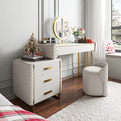FUQIAOTEC Luxury Makeup Vanity Set with LED Lighted Mirror, Side Cabinet and 5 Drawers, Modern Sintered Stone Dressing Table Vanity Desk with Stool, Elegant Aesthetic Style Makeup Desk, 47.24''