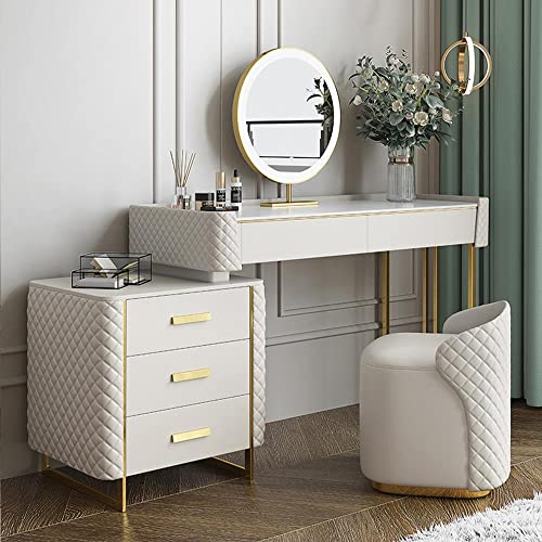 FUQIAOTEC Luxury Makeup Vanity Set with LED Lighted Mirror, Side Cabinet and 5 Drawers, Modern Sintered Stone Dressing Table Vanity Desk with Stool, Elegant Aesthetic Style Makeup Desk, 47.24''