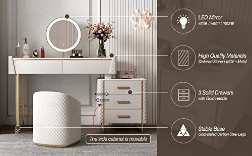 FUQIAOTEC Luxury Makeup Vanity Set with LED Lighted Mirror, Side Cabinet and 5 Drawers, Modern Sintered Stone Dressing Table Vanity Desk with Stool, Elegant Aesthetic Style Makeup Desk, 47.24''