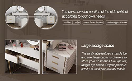 FUQIAOTEC Luxury Makeup Vanity Set with LED Lighted Mirror, Side Cabinet and 5 Drawers, Modern Sintered Stone Dressing Table Vanity Desk with Stool, Elegant Aesthetic Style Makeup Desk, 47.24''