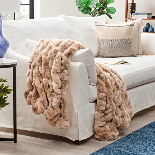 Chanasya Ruched Faux Fur Throw Blanket - Luxurious, Soft Reversible Mink Blanket - 50" x 65” - Beige
