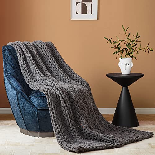 Bedfolks Chunky Knit Blanket Throw - Light Grey Jumbo Chenille Yarn 100% Hand Knit, Soft and Fluffy Chenille for Couch, Sofa, Bed, Home Decor, 50" x 60"