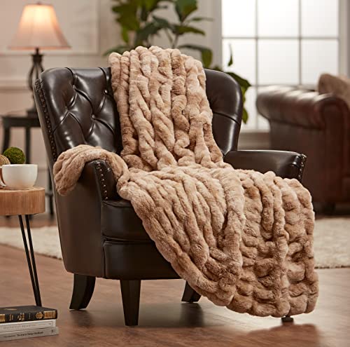 Chanasya Ruched Faux Fur Throw Blanket - Luxurious, Soft Reversible Mink Blanket - 50" x 65” - Beige