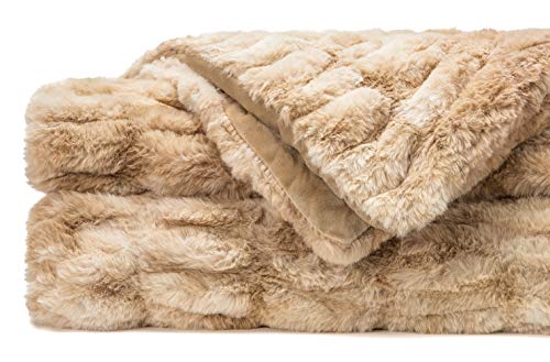 Chanasya Ruched Faux Fur Throw Blanket - Luxurious, Soft Reversible Mink Blanket - 50" x 65” - Beige