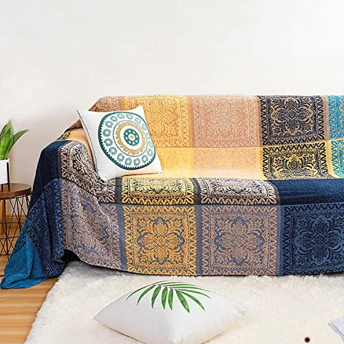 FinalNest Bohemian Tribal Throws Blankets Reversible Colorful Red Blue Boho Hippie Chenille Jacquard Fabric Throw Covers Large Couch Furniture Sofa Chair Loveseat Recliner Oversized (Blue,L:102x87)