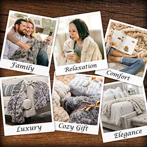 Chanasya Ruched Faux Fur Throw Blanket - Luxurious, Soft Reversible Mink Blanket - 50" x 65” - Beige