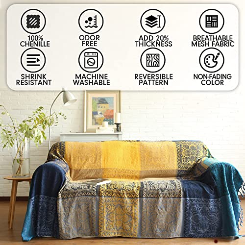 FinalNest Bohemian Tribal Throws Blankets Reversible Colorful Red Blue Boho Hippie Chenille Jacquard Fabric Throw Covers Large Couch Furniture Sofa Chair Loveseat Recliner Oversized (Blue,L:102x87)