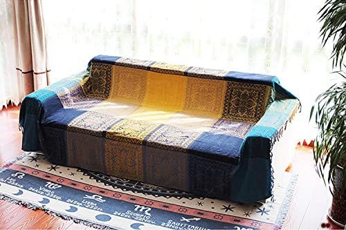 FinalNest Bohemian Tribal Throws Blankets Reversible Colorful Red Blue Boho Hippie Chenille Jacquard Fabric Throw Covers Large Couch Furniture Sofa Chair Loveseat Recliner Oversized (Blue,L:102x87)
