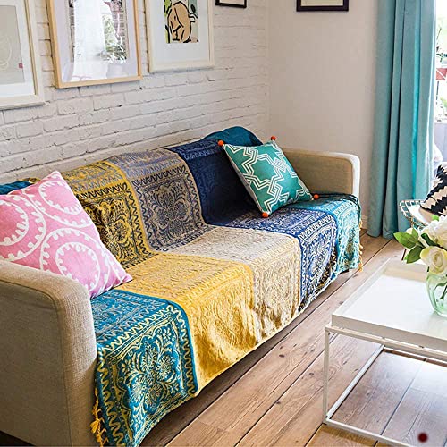 FinalNest Bohemian Tribal Throws Blankets Reversible Colorful Red Blue Boho Hippie Chenille Jacquard Fabric Throw Covers Large Couch Furniture Sofa Chair Loveseat Recliner Oversized (Blue,L:102x87)