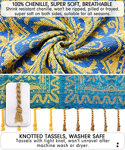 FinalNest Bohemian Tribal Throws Blankets Reversible Colorful Red Blue Boho Hippie Chenille Jacquard Fabric Throw Covers Large Couch Furniture Sofa Chair Loveseat Recliner Oversized (Blue,L:102x87)