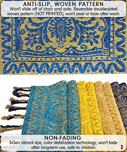FinalNest Bohemian Tribal Throws Blankets Reversible Colorful Red Blue Boho Hippie Chenille Jacquard Fabric Throw Covers Large Couch Furniture Sofa Chair Loveseat Recliner Oversized (Blue,L:102x87)