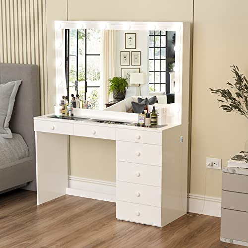Boahaus Serena Modern Makeup Vanity with Hollywood Lights Bulbs Add-On, 7 Drawers, Wide Hollywood Mirror, Glam Glass Top Vanity, White Vanity Makeup Desk for Bedroom (New Version 04/2023)