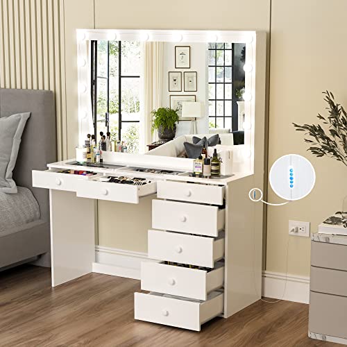 Boahaus Serena Modern Makeup Vanity with Hollywood Lights Bulbs Add-On, 7 Drawers, Wide Hollywood Mirror, Glam Glass Top Vanity, White Vanity Makeup Desk for Bedroom (New Version 04/2023)