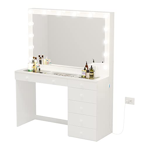 Boahaus Serena Modern Makeup Vanity with Hollywood Lights Bulbs Add-On, 7 Drawers, Wide Hollywood Mirror, Glam Glass Top Vanity, White Vanity Makeup Desk for Bedroom (New Version 04/2023)
