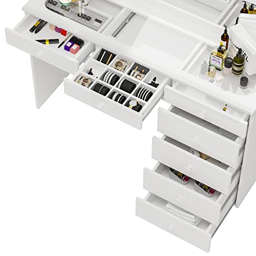 Boahaus Serena Modern Makeup Vanity with Hollywood Lights Bulbs Add-On, 7 Drawers, Wide Hollywood Mirror, Glam Glass Top Vanity, White Vanity Makeup Desk for Bedroom (New Version 04/2023)