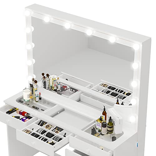 Boahaus Serena Modern Makeup Vanity with Hollywood Lights Bulbs Add-On, 7 Drawers, Wide Hollywood Mirror, Glam Glass Top Vanity, White Vanity Makeup Desk for Bedroom (New Version 04/2023)