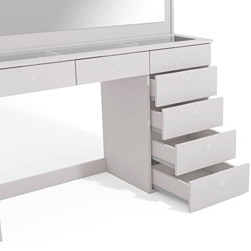 Boahaus Serena Modern Makeup Vanity with Hollywood Lights Bulbs Add-On, 7 Drawers, Wide Hollywood Mirror, Glam Glass Top Vanity, White Vanity Makeup Desk for Bedroom (New Version 04/2023)