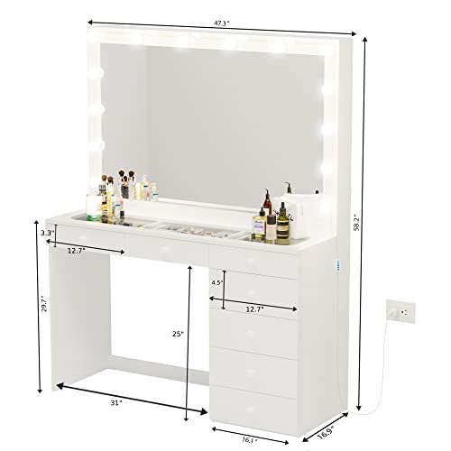 Boahaus Serena Modern Makeup Vanity with Hollywood Lights Bulbs Add-On, 7 Drawers, Wide Hollywood Mirror, Glam Glass Top Vanity, White Vanity Makeup Desk for Bedroom (New Version 04/2023)