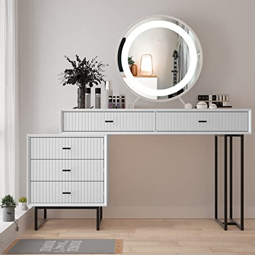 ANBUY Makeup Vanity Desk Set with Drawers, Modern Makeup Dressing Table Bedroom Vanity Sets Storage Dresser Furniture Set White
