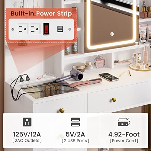 AOGLLATI Makeup Vanity with Lights in 3 Colors, White Vanity Desk with Mirror and Lights, Vanity Table with Charging Station, Makeup Desk with Visible Drawers, Hidden and Open Storage Shelves