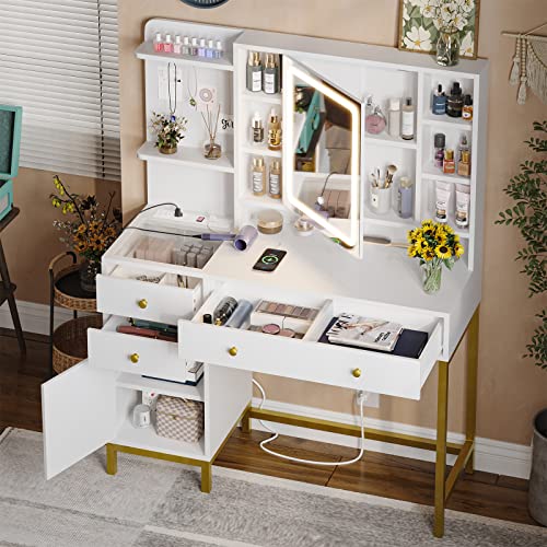 AOGLLATI Makeup Vanity with Lights in 3 Colors, White Vanity Desk with Mirror and Lights, Vanity Table with Charging Station, Makeup Desk with Visible Drawers, Hidden and Open Storage Shelves