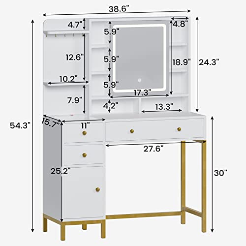 AOGLLATI Makeup Vanity with Lights in 3 Colors, White Vanity Desk with Mirror and Lights, Vanity Table with Charging Station, Makeup Desk with Visible Drawers, Hidden and Open Storage Shelves