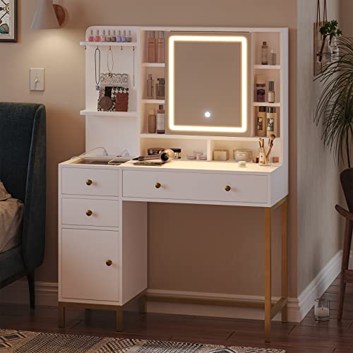 AOGLLATI Makeup Vanity with Lights in 3 Colors, White Vanity Desk with Mirror and Lights, Vanity Table with Charging Station, Makeup Desk with Visible Drawers, Hidden and Open Storage Shelves