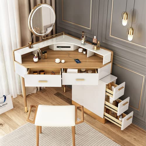 Merax Vanity Table Set, Modern Corner Makeup Vanity Table with LED Lighted Mirror, Vanity Desk with 5 Drawers, Piano Finish, Solid Wood Legs, Stool, Walnut+White