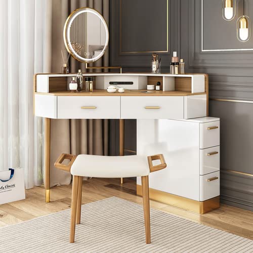 Merax Vanity Table Set, Modern Corner Makeup Vanity Table with LED Lighted Mirror, Vanity Desk with 5 Drawers, Piano Finish, Solid Wood Legs, Stool, Walnut+White