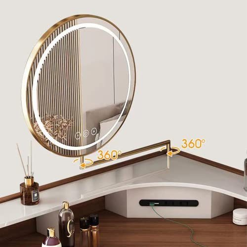 Merax Vanity Table Set, Modern Corner Makeup Vanity Table with LED Lighted Mirror, Vanity Desk with 5 Drawers, Piano Finish, Solid Wood Legs, Stool, Walnut+White