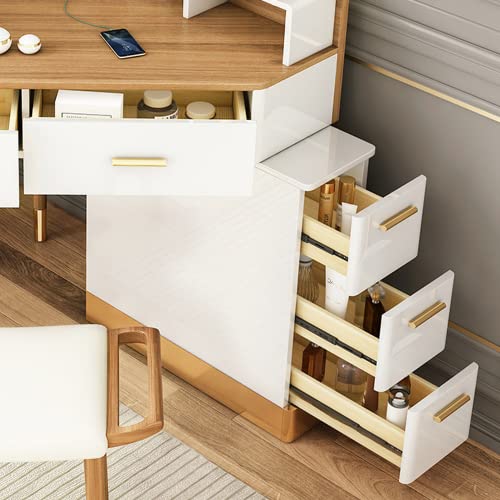Merax Vanity Table Set, Modern Corner Makeup Vanity Table with LED Lighted Mirror, Vanity Desk with 5 Drawers, Piano Finish, Solid Wood Legs, Stool, Walnut+White