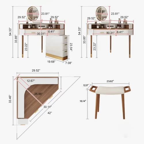 Merax Vanity Table Set, Modern Corner Makeup Vanity Table with LED Lighted Mirror, Vanity Desk with 5 Drawers, Piano Finish, Solid Wood Legs, Stool, Walnut+White