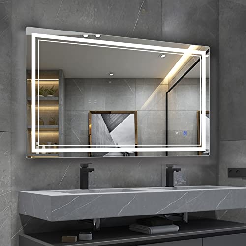 BBE 60x36 Inch LED Bathroom Mirror Wall-Mounted Anti-Fog Makeup Mirror with Dimmable Light and Touch Button(Horizontal/Vertical)