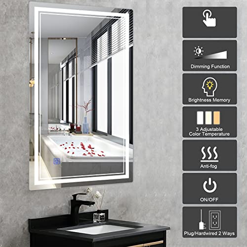 BBE 60x36 Inch LED Bathroom Mirror Wall-Mounted Anti-Fog Makeup Mirror with Dimmable Light and Touch Button(Horizontal/Vertical)