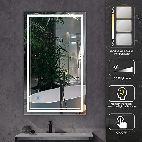 BBE 60x36 Inch LED Bathroom Mirror Wall-Mounted Anti-Fog Makeup Mirror with Dimmable Light and Touch Button(Horizontal/Vertical)